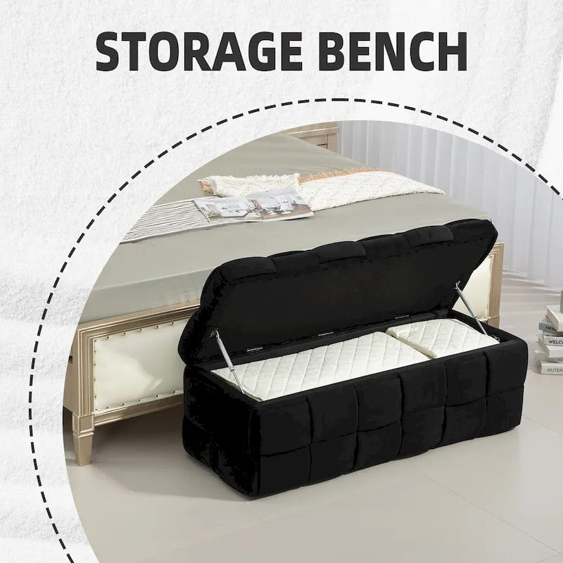 Velvet Upholstered Fabric Storage Ottoman with Safety Hinge, No assembly required