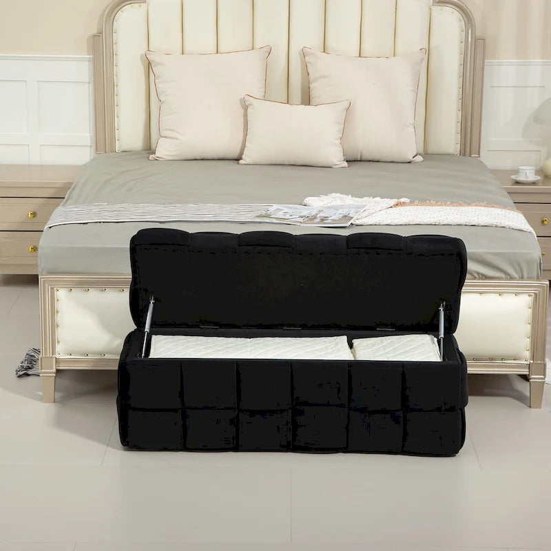 Velvet Upholstered Fabric Storage Ottoman with Safety Hinge, No assembly required