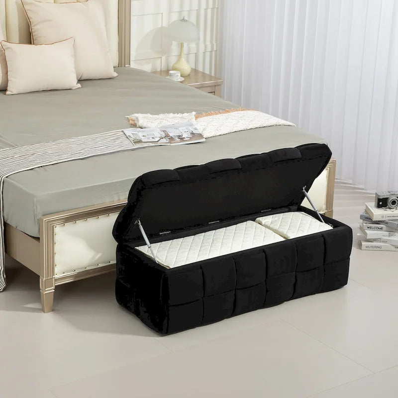 Velvet Upholstered Fabric Storage Ottoman with Safety Hinge, No assembly required