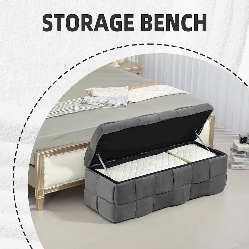 Velvet Upholstered Fabric Storage Ottoman with Safety Hinge, No assembly required