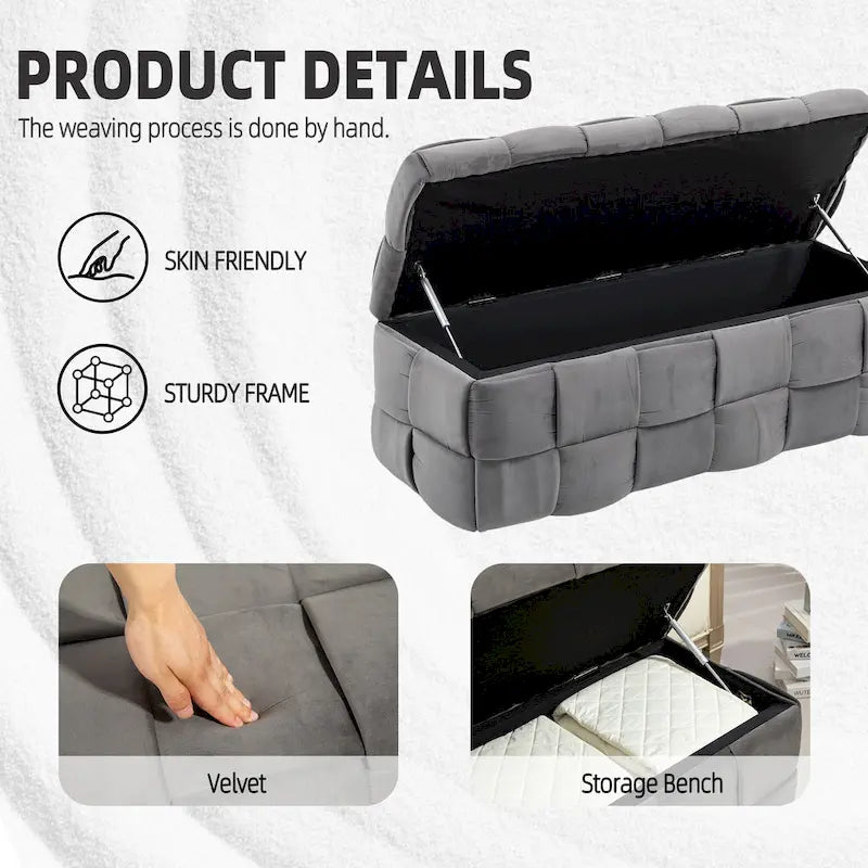 Velvet Upholstered Fabric Storage Ottoman with Safety Hinge, No assembly required