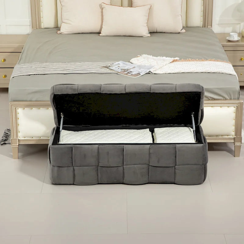 Velvet Upholstered Fabric Storage Ottoman with Safety Hinge, No assembly required