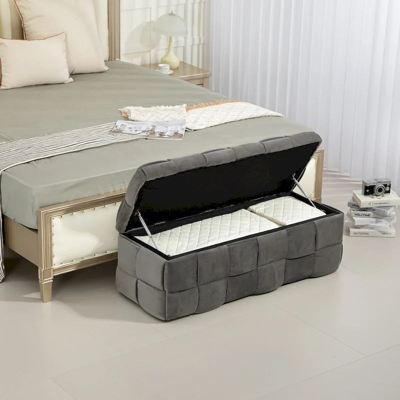 Velvet Upholstered Fabric Storage Ottoman with Safety Hinge, No assembly required