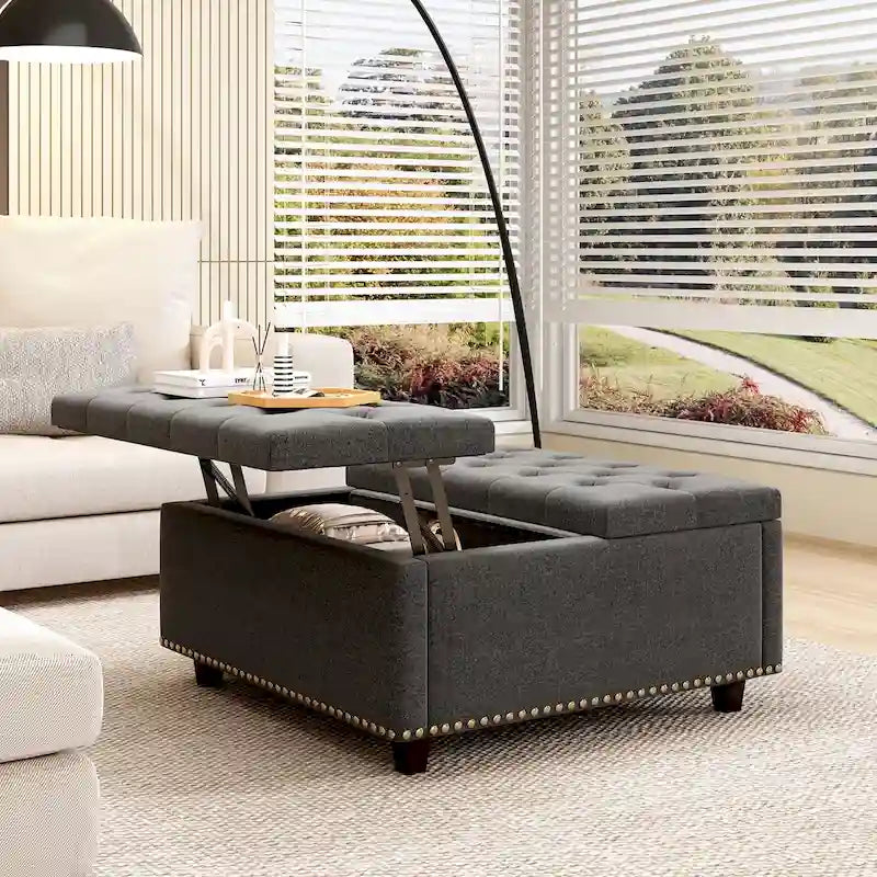 Square Storage Ottoman with Nailhead Inlay, Mid-Century Modern Coffee Table