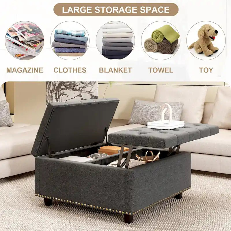 Square Storage Ottoman with Nailhead Inlay, Mid-Century Modern Coffee Table