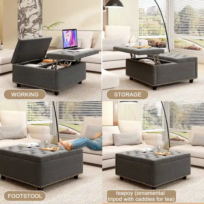 Square Storage Ottoman with Nailhead Inlay, Mid-Century Modern Coffee Table
