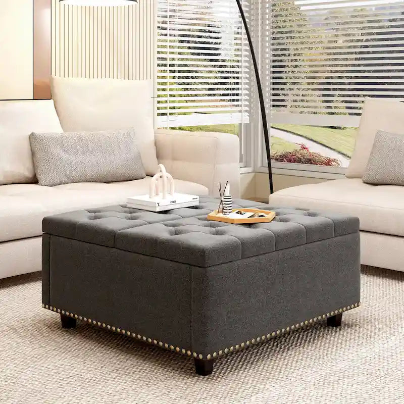 Square Storage Ottoman with Nailhead Inlay, Mid-Century Modern Coffee Table