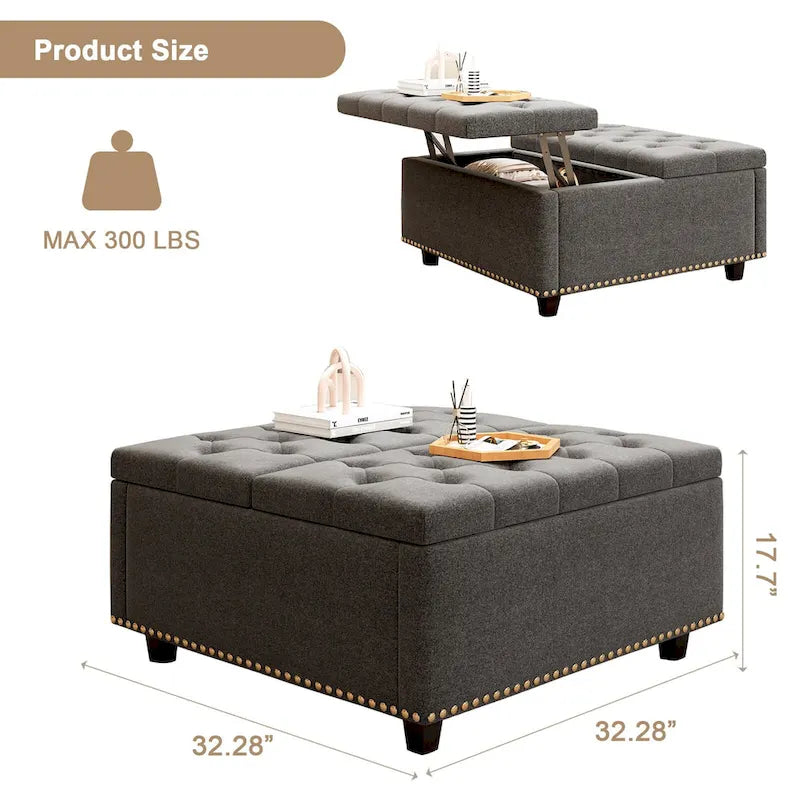 Square Storage Ottoman with Nailhead Inlay, Mid-Century Modern Coffee Table