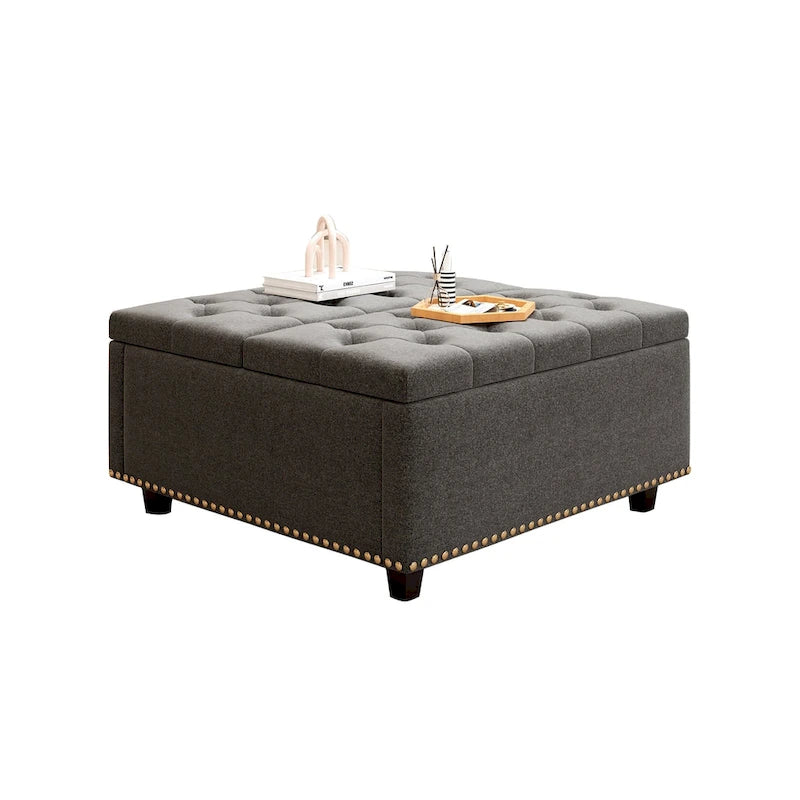 Square Storage Ottoman with Nailhead Inlay, Mid-Century Modern Coffee Table