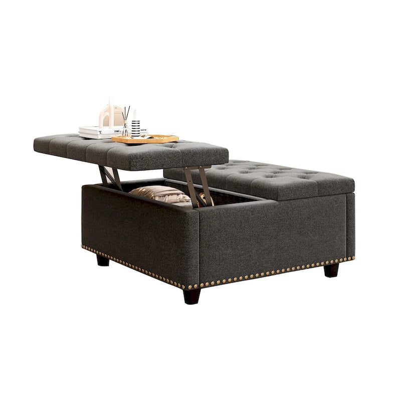Square Storage Ottoman with Nailhead Inlay, Mid-Century Modern Coffee Table