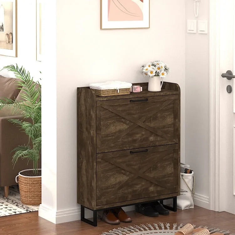 Shoe Storage Cabinet with 2 Flip Drawers, Freestanding Organizer with Metal Legs for Entryway, Narrow Shoe Rack Cabinet