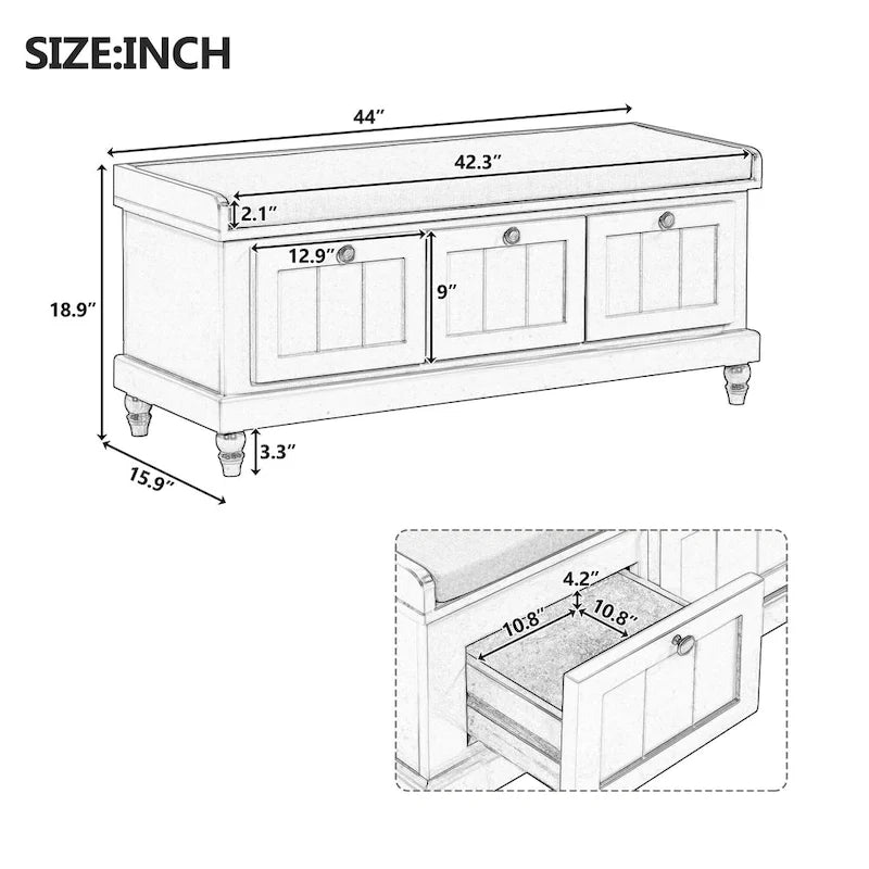 Shoe Bench with Lift Top Cushion Seat & Hidden Space, Entryway Shoe Storage Bench with 3 Drawers, Bedroom End of Bed Bench