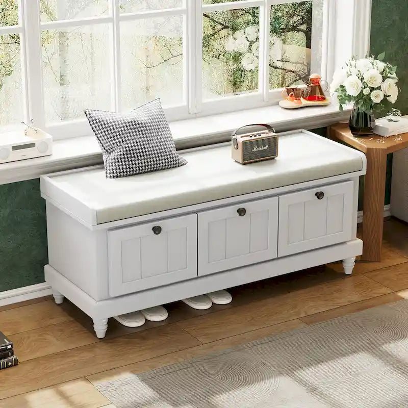 Shoe Bench with Lift Top Cushion Seat & Hidden Space, Entryway Shoe Storage Bench with 3 Drawers, Bedroom End of Bed Bench