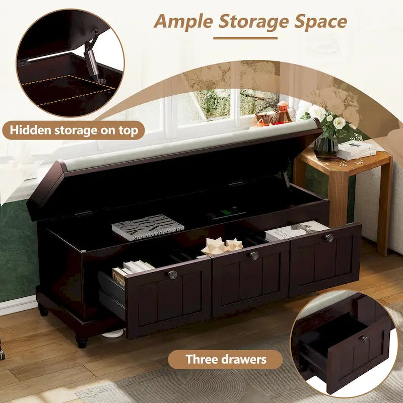 Shoe Bench with Lift Top Cushion Seat & Hidden Space, Entryway Shoe Storage Bench with 3 Drawers, Bedroom End of Bed Bench