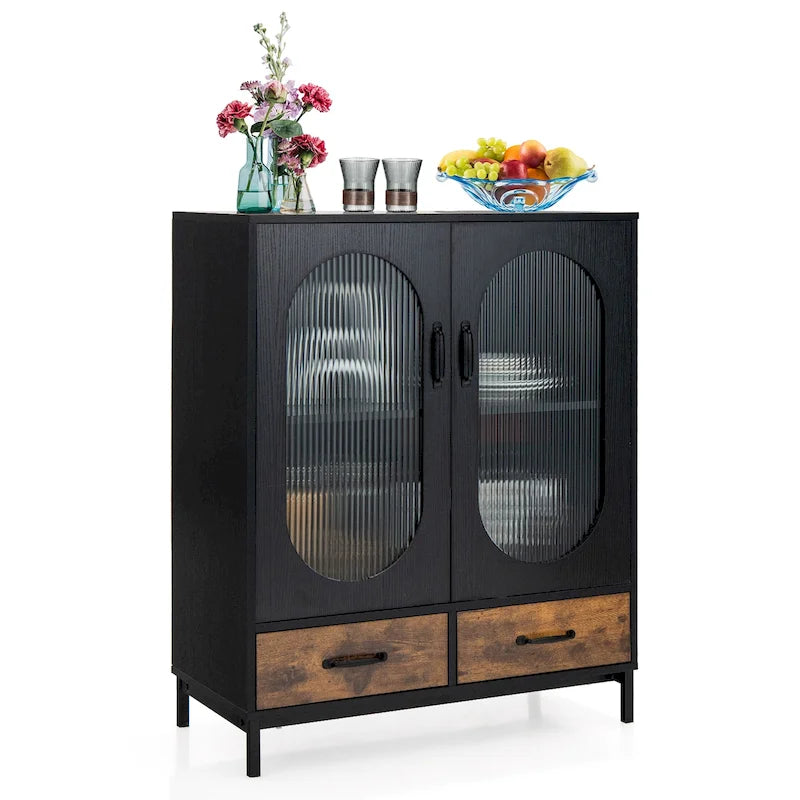 Kitchen Storage Cabinet Freestanding Buffet Sideboard w/ 2 - Black, Rustic Brown - See Details