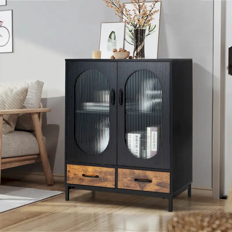 Kitchen Storage Cabinet Freestanding Buffet Sideboard w/ 2 - Black, Rustic Brown - See Details