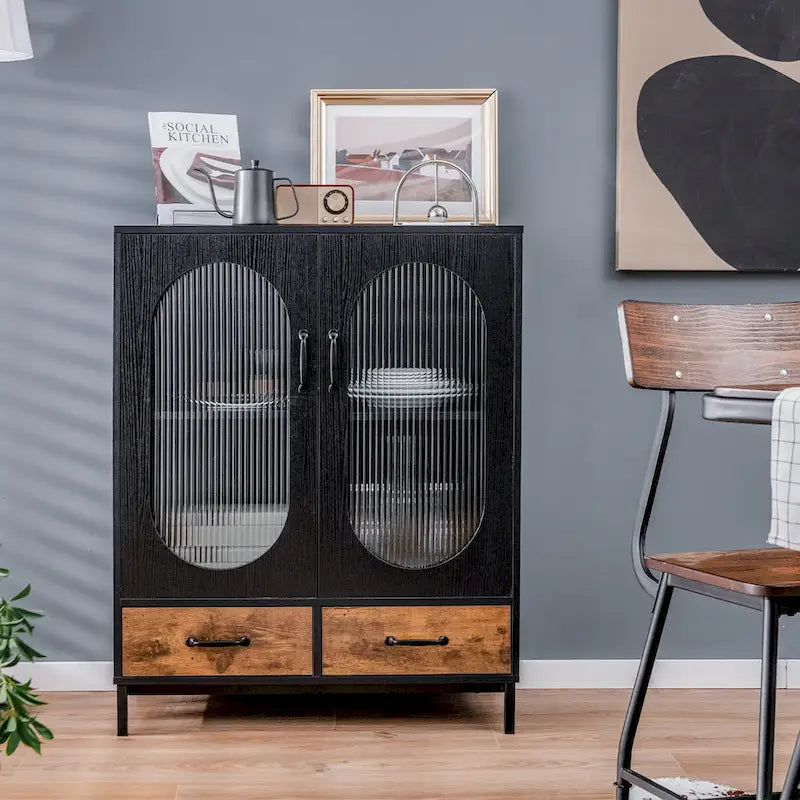 Kitchen Storage Cabinet Freestanding Buffet Sideboard w/ 2 - Black, Rustic Brown - See Details