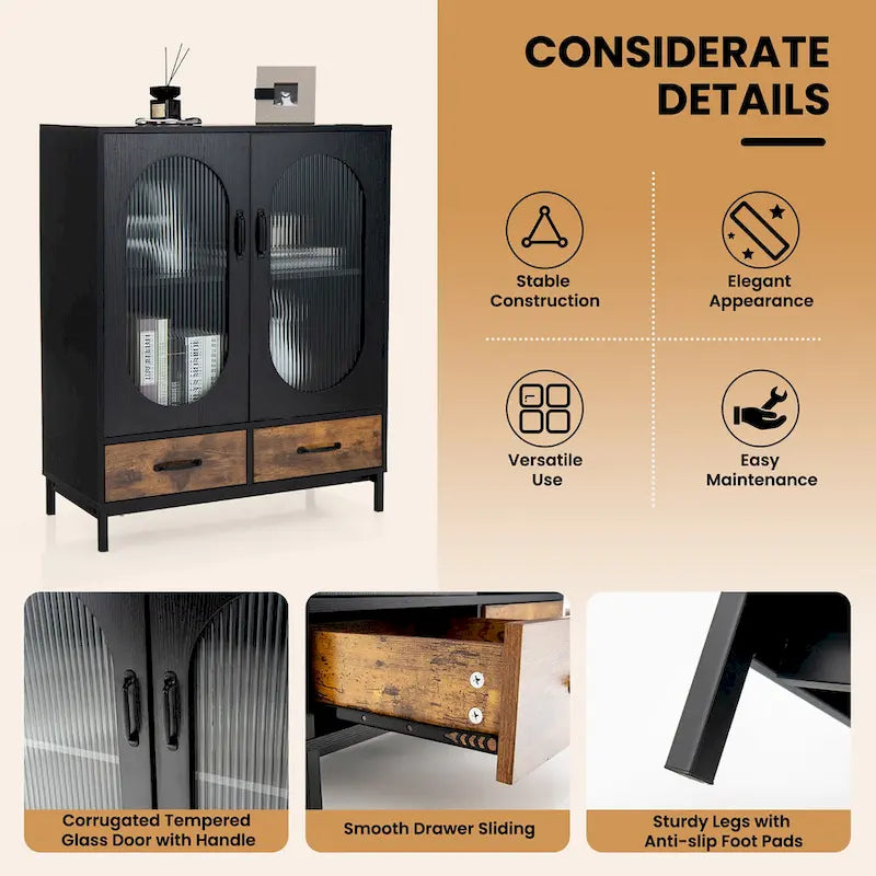 Kitchen Storage Cabinet Freestanding Buffet Sideboard w/ 2 - Black, Rustic Brown - See Details