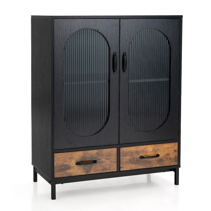 Kitchen Storage Cabinet Freestanding Buffet Sideboard w/ 2 - Black, Rustic Brown - See Details