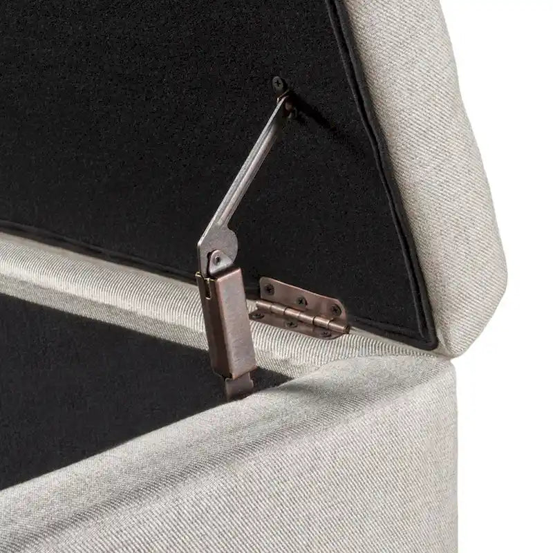 Storage Ottoman Bench, 51 Inch Beige Fabric, Brass Nailhead Trim