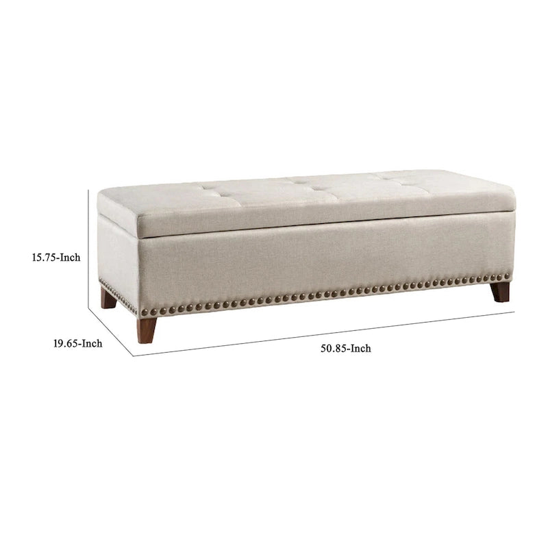 Storage Ottoman Bench, 51 Inch Beige Fabric, Brass Nailhead Trim