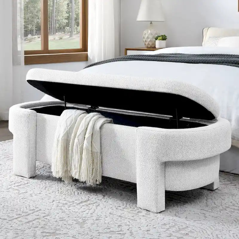 Linen Fabric Upholstered Bench with Large Storage Space for the Living Room, Entryway and Bedroom,White