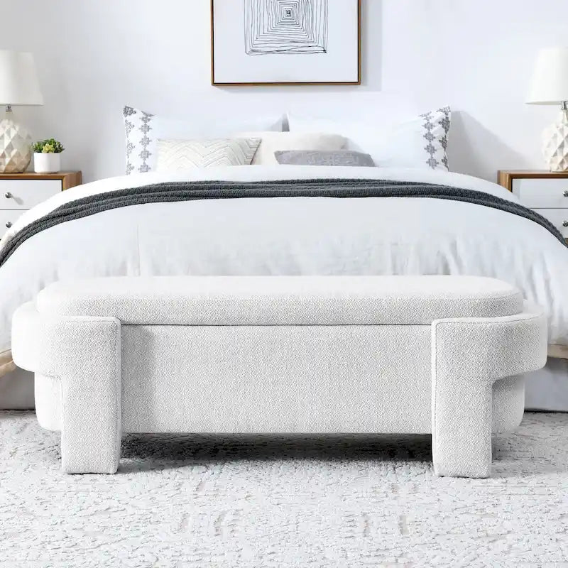 Linen Fabric Upholstered Bench with Large Storage Space for the Living Room, Entryway and Bedroom,White