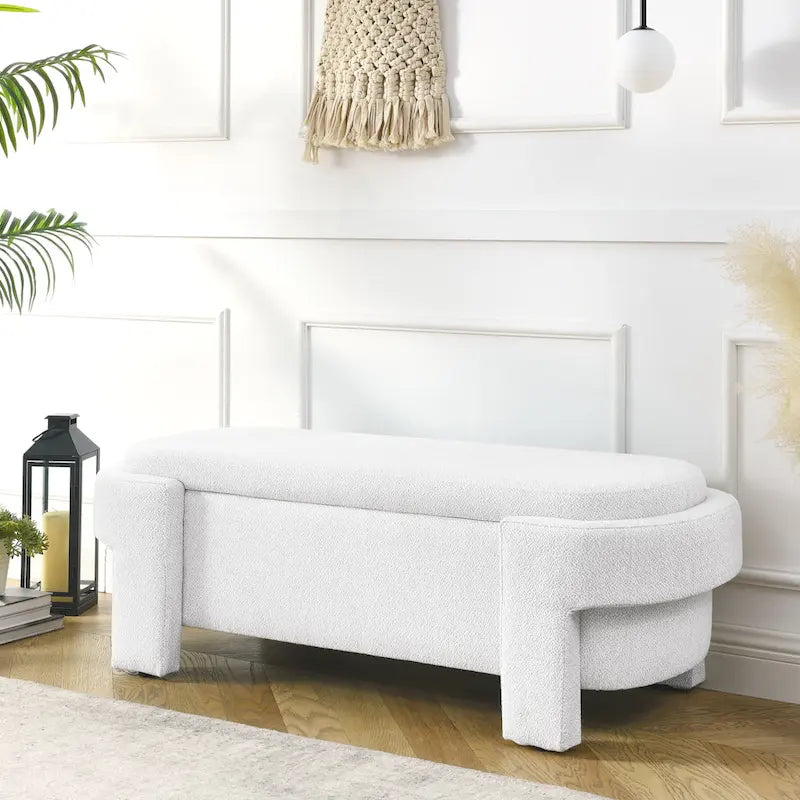 Linen Fabric Upholstered Bench with Large Storage Space for the Living Room, Entryway and Bedroom,White