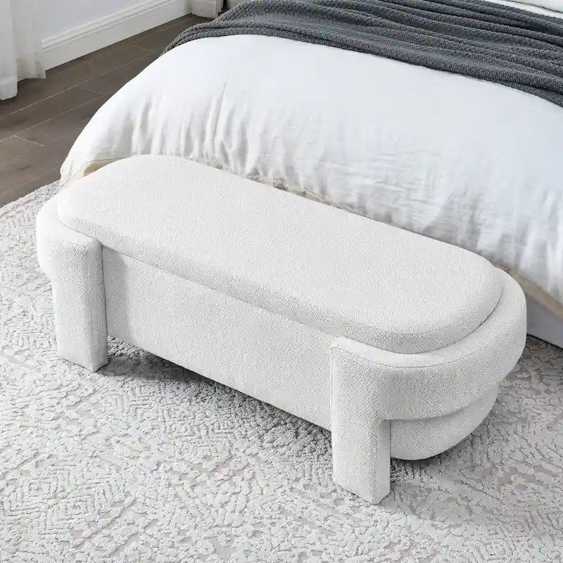 Linen Fabric Upholstered Bench with Large Storage Space for the Living Room, Entryway and Bedroom,White