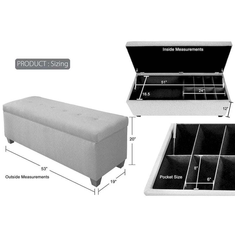 6 Button Nailhead Linen & Shoe Storage Bench