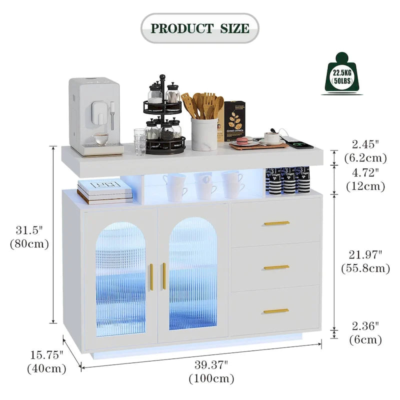 39" Sideboard with LED Light, USB & Wireless Charging