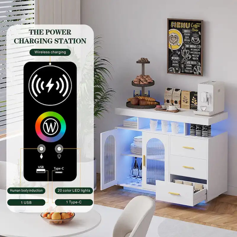 39" Sideboard with LED Light, USB & Wireless Charging