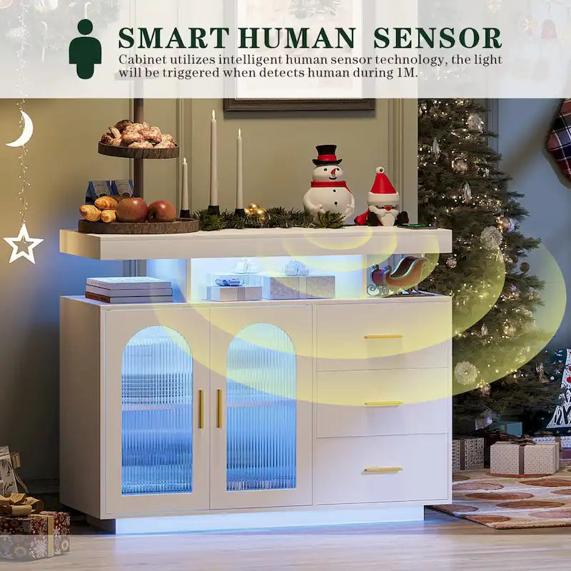 39" Sideboard with LED Light, USB & Wireless Charging