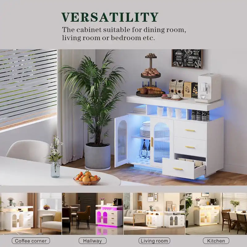 39" Sideboard with LED Light, USB & Wireless Charging