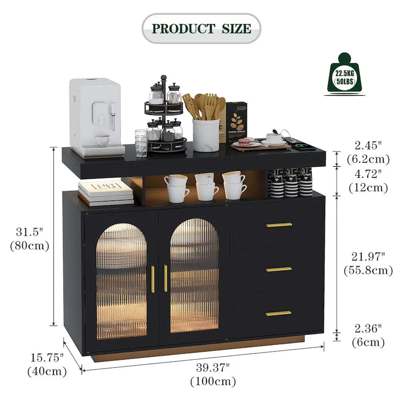 39" Sideboard with LED Light, USB & Wireless Charging