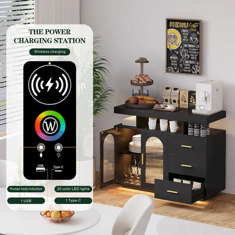 39" Sideboard with LED Light, USB & Wireless Charging