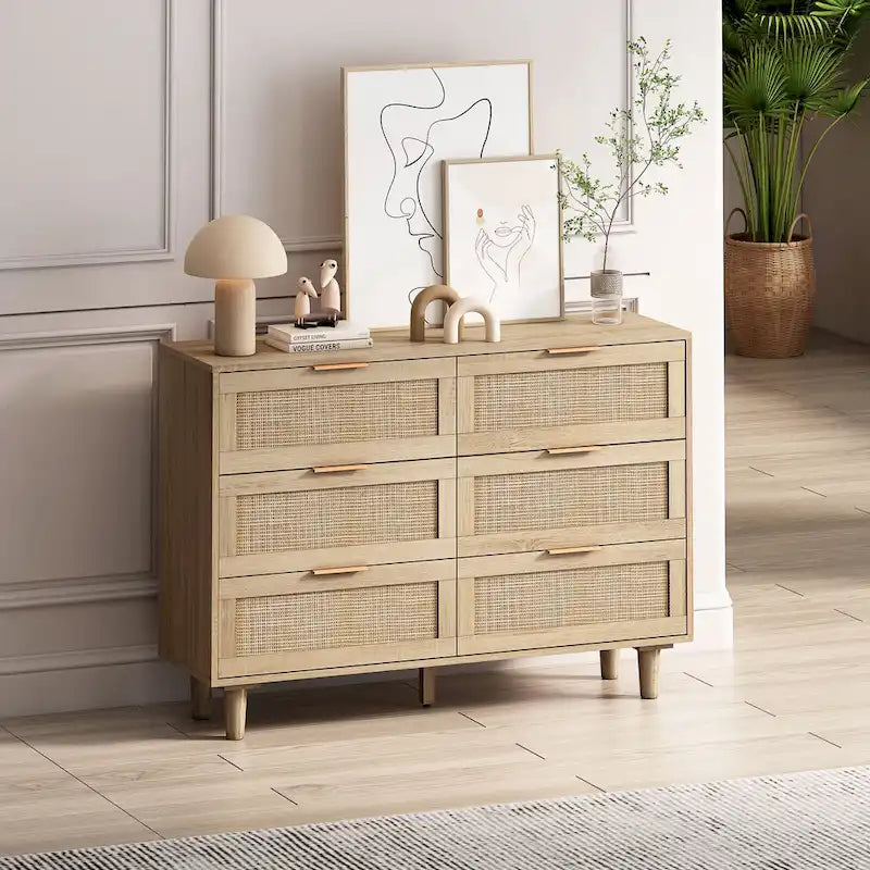 6 Drawers Rattan Storage Cabinet Rattan Drawer,for Bedroom,Living Room,Wood Color