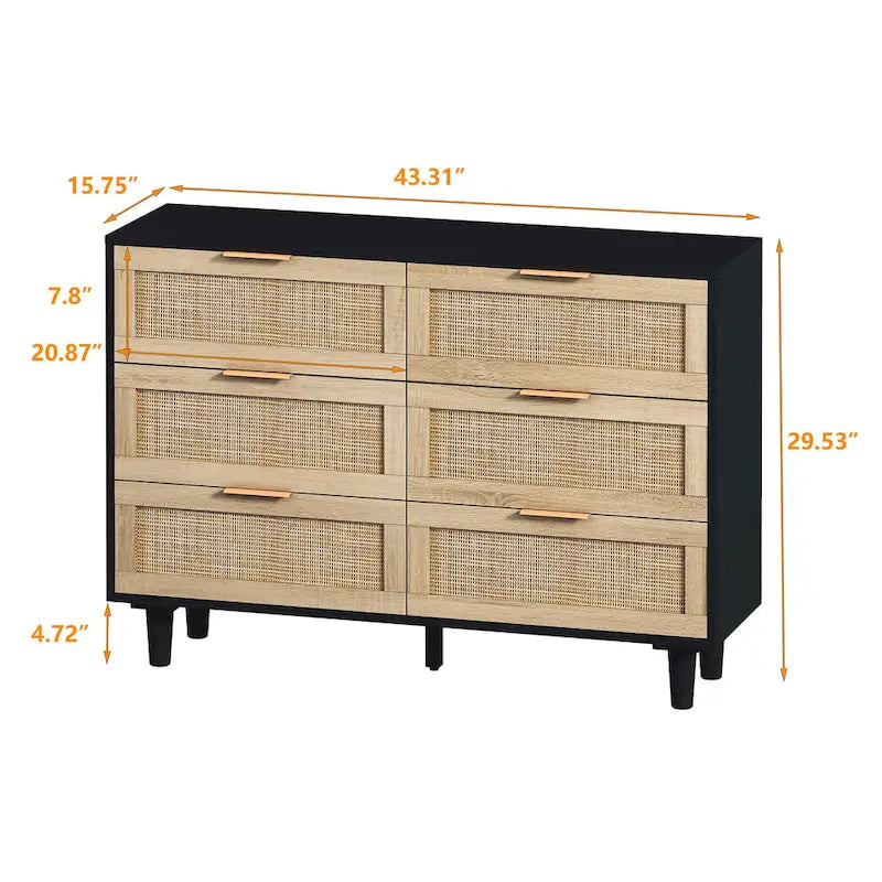 6 Drawers Rattan Storage Cabinet Rattan Drawer,for Bedroom,Living Room,Wood Color