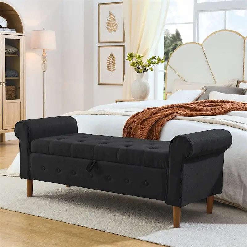 62 Bedroom Tufted Button Storage Bench, Linen Upholstered Ottoman