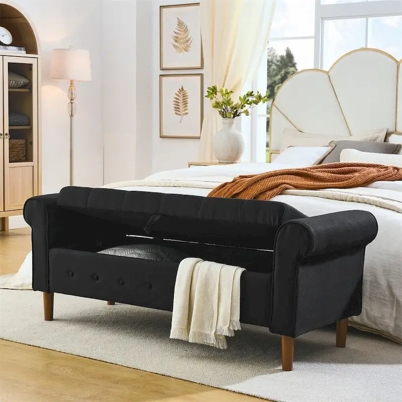 62 Bedroom Tufted Button Storage Bench, Linen Upholstered Ottoman