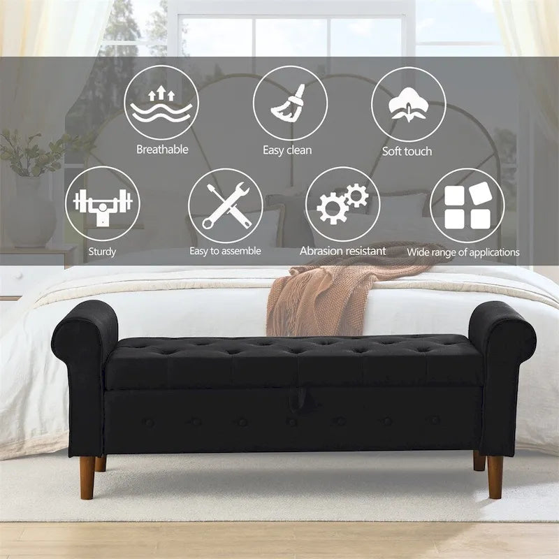 62 Bedroom Tufted Button Storage Bench, Linen Upholstered Ottoman