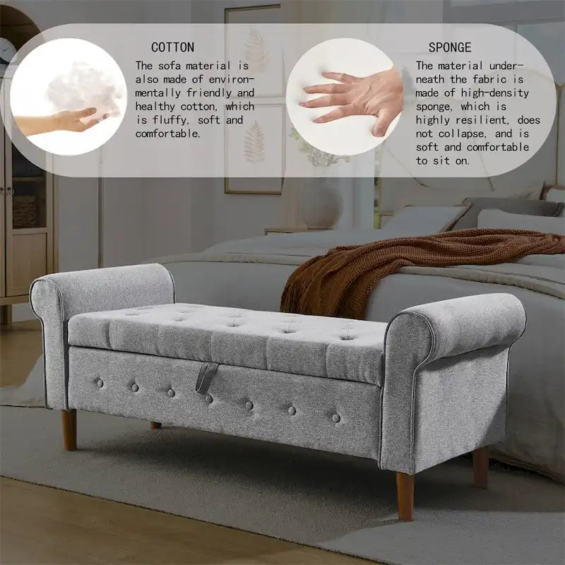 62 Bedroom Tufted Button Storage Bench, Linen Upholstered Ottoman
