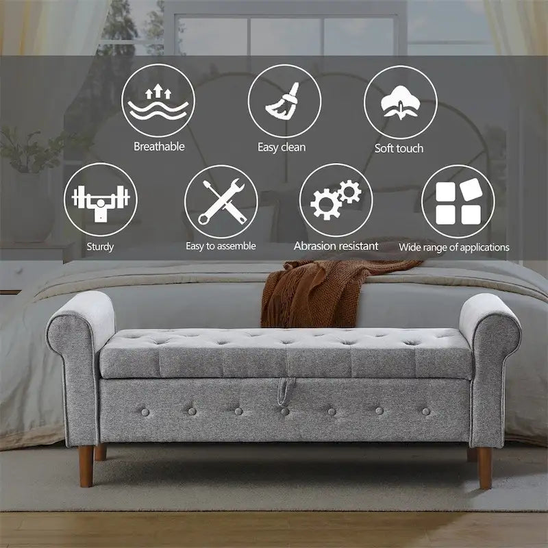 62 Bedroom Tufted Button Storage Bench, Linen Upholstered Ottoman