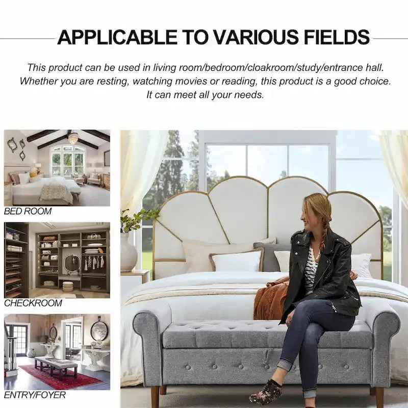 62 Bedroom Tufted Button Storage Bench, Linen Upholstered Ottoman