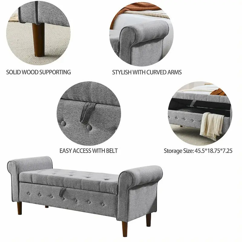 62 Bedroom Tufted Button Storage Bench, Linen Upholstered Ottoman