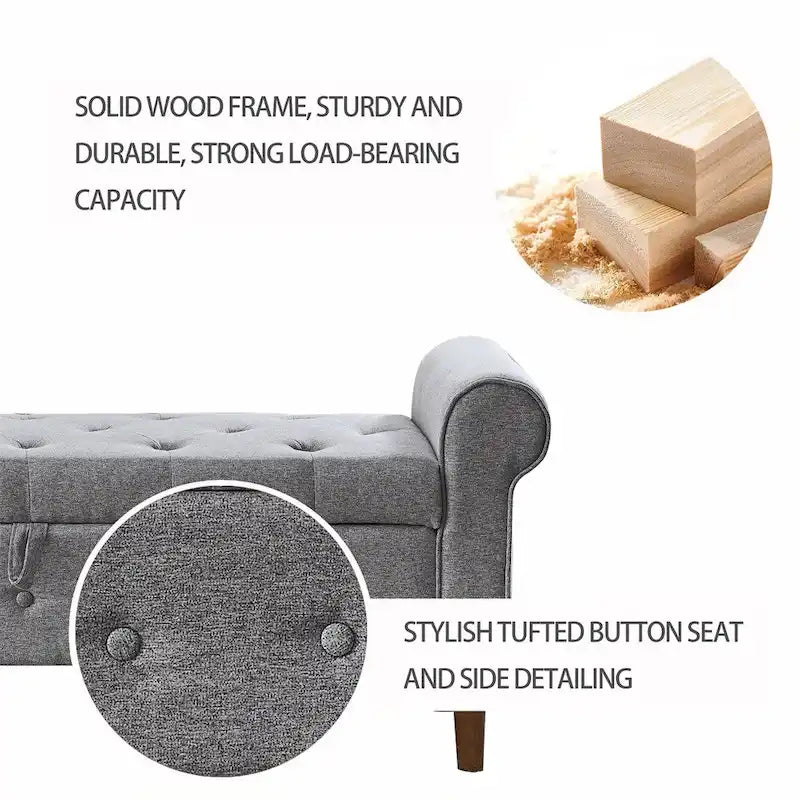 62 Bedroom Tufted Button Storage Bench, Linen Upholstered Ottoman