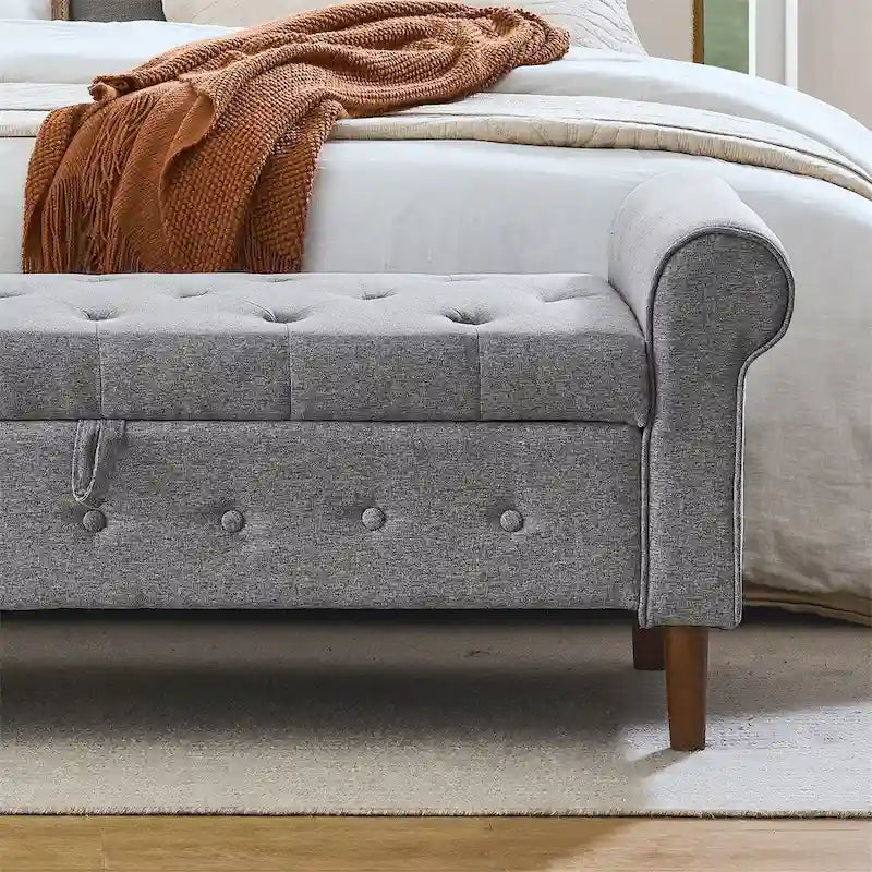 62 Bedroom Tufted Button Storage Bench, Linen Upholstered Ottoman