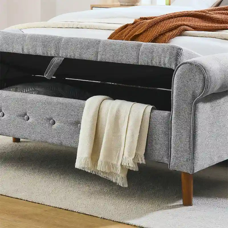 62 Bedroom Tufted Button Storage Bench, Linen Upholstered Ottoman