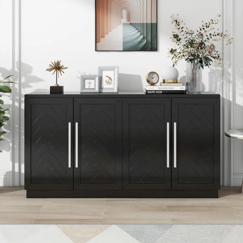 Sideboard with 4 Doors Large Storage Space Buffet Cabinet with Adjustable Shelves and Silver Handles for Kitchen