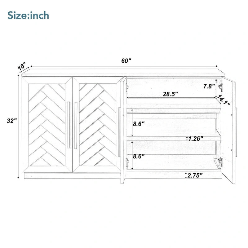 Sideboard with 4 Doors Large Storage Space Buffet Cabinet with Adjustable Shelves and Silver Handles for Kitchen